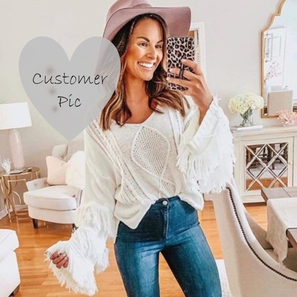 Bohemian Fringe Textured White Sweater - Picture 4 of 8